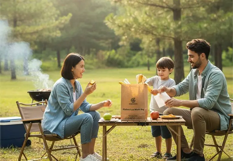 Family enjoying a picnic at a campsite with an insulated cooler