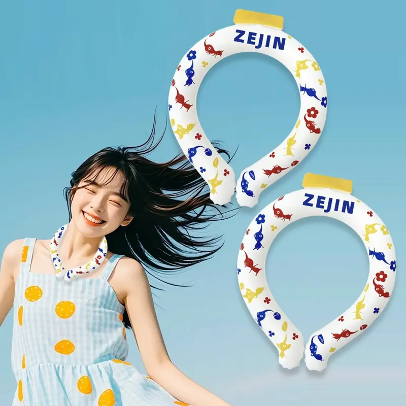Printed white PCM cooling neck ring shown on a model and as two product views