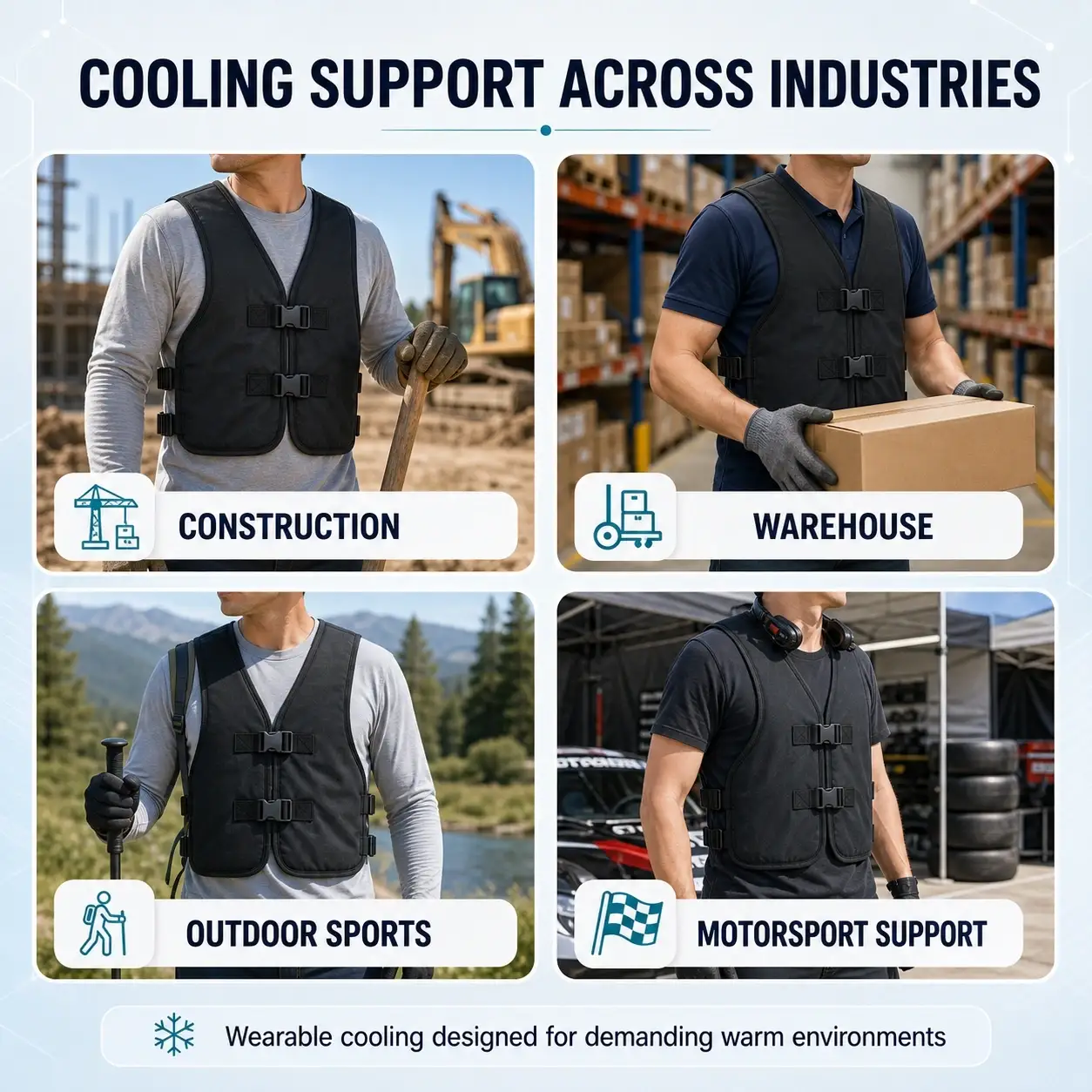PCM cooling vests shown in construction, warehouse, outdoor-sport, and motorsport work contexts