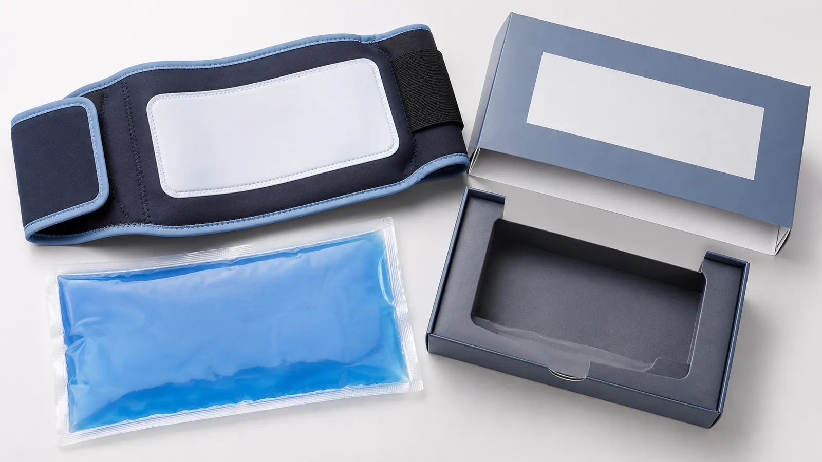 Custom gel ice pack, wearable cold therapy wrap, and private-label packaging