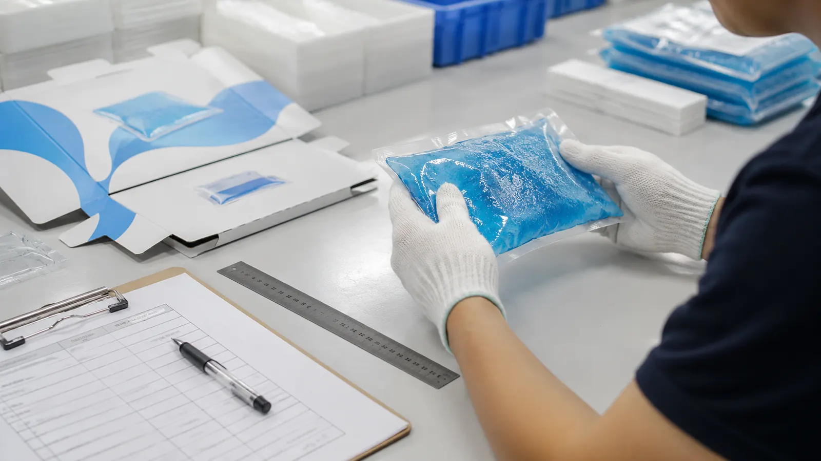 Quality inspection of a custom gel ice pack sample before production