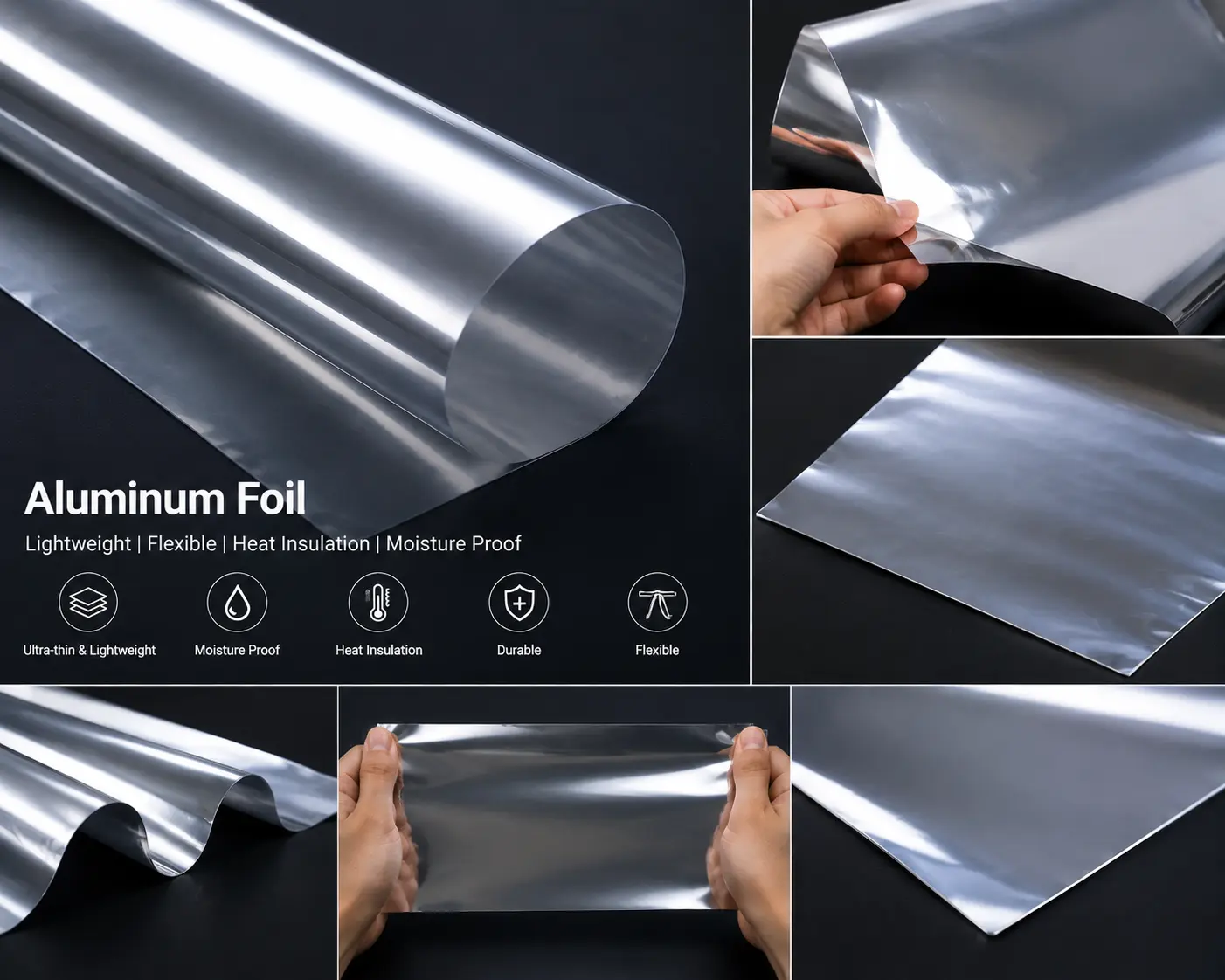 Silver flexible foil sheet shown folded, bent, and held for material inspection