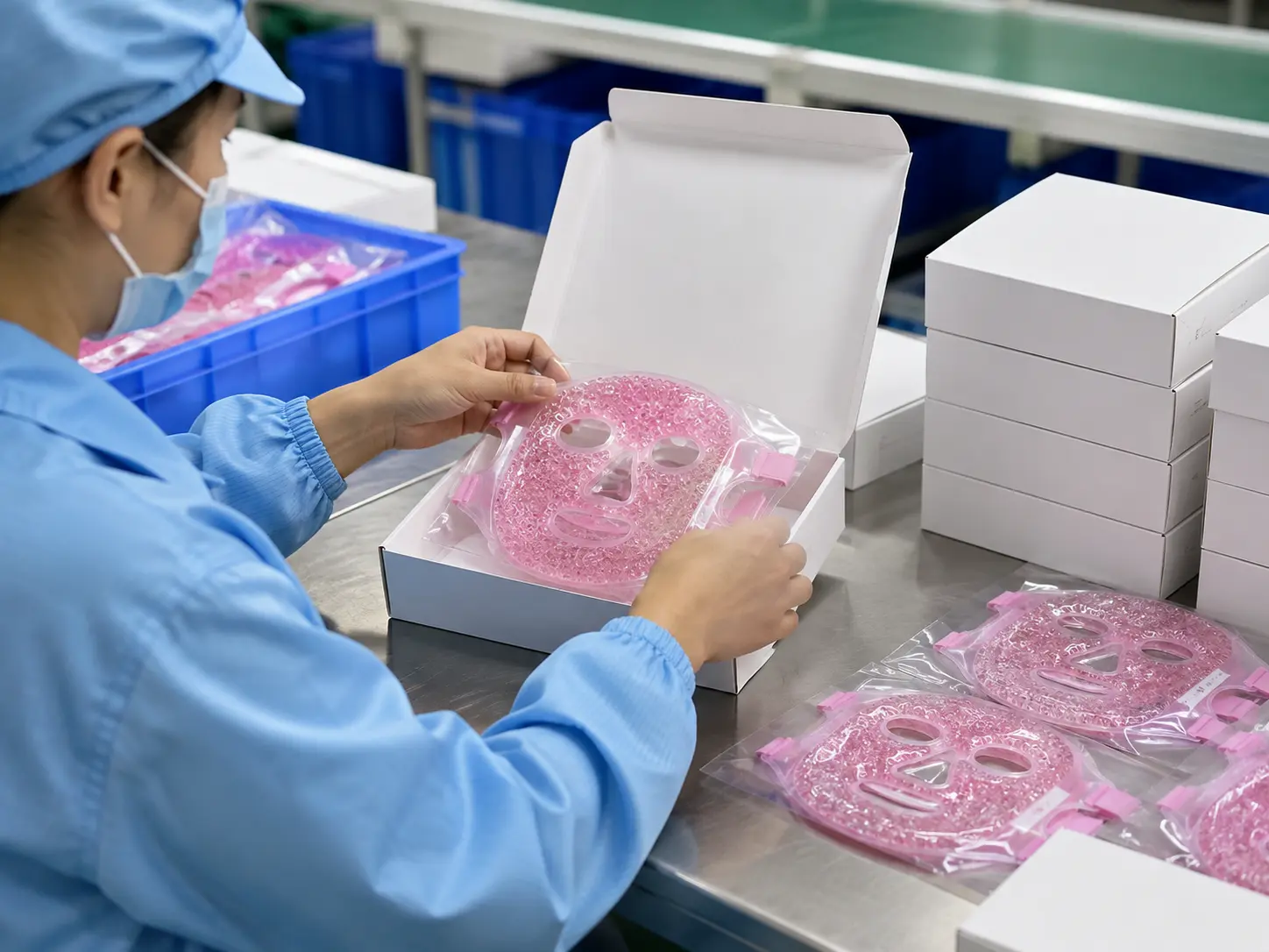 Pink gel face mask being placed into a retail box as a packaging illustration