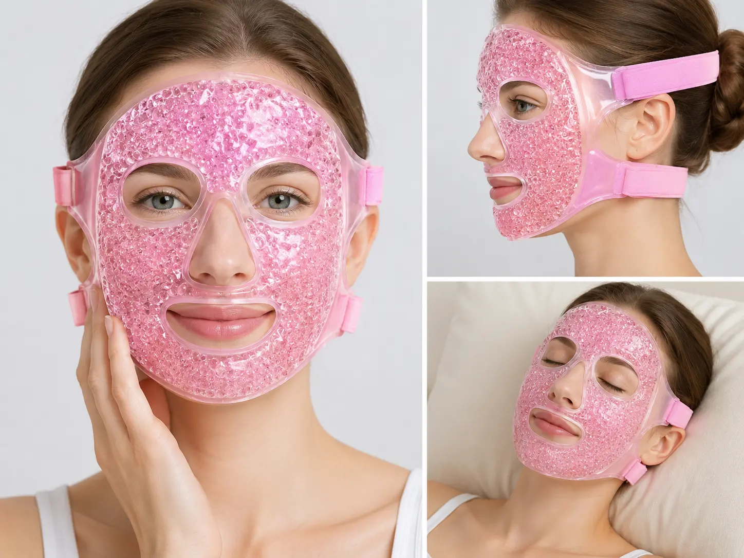 Pink full-face gel mask shown from several angles to illustrate its shape and openings