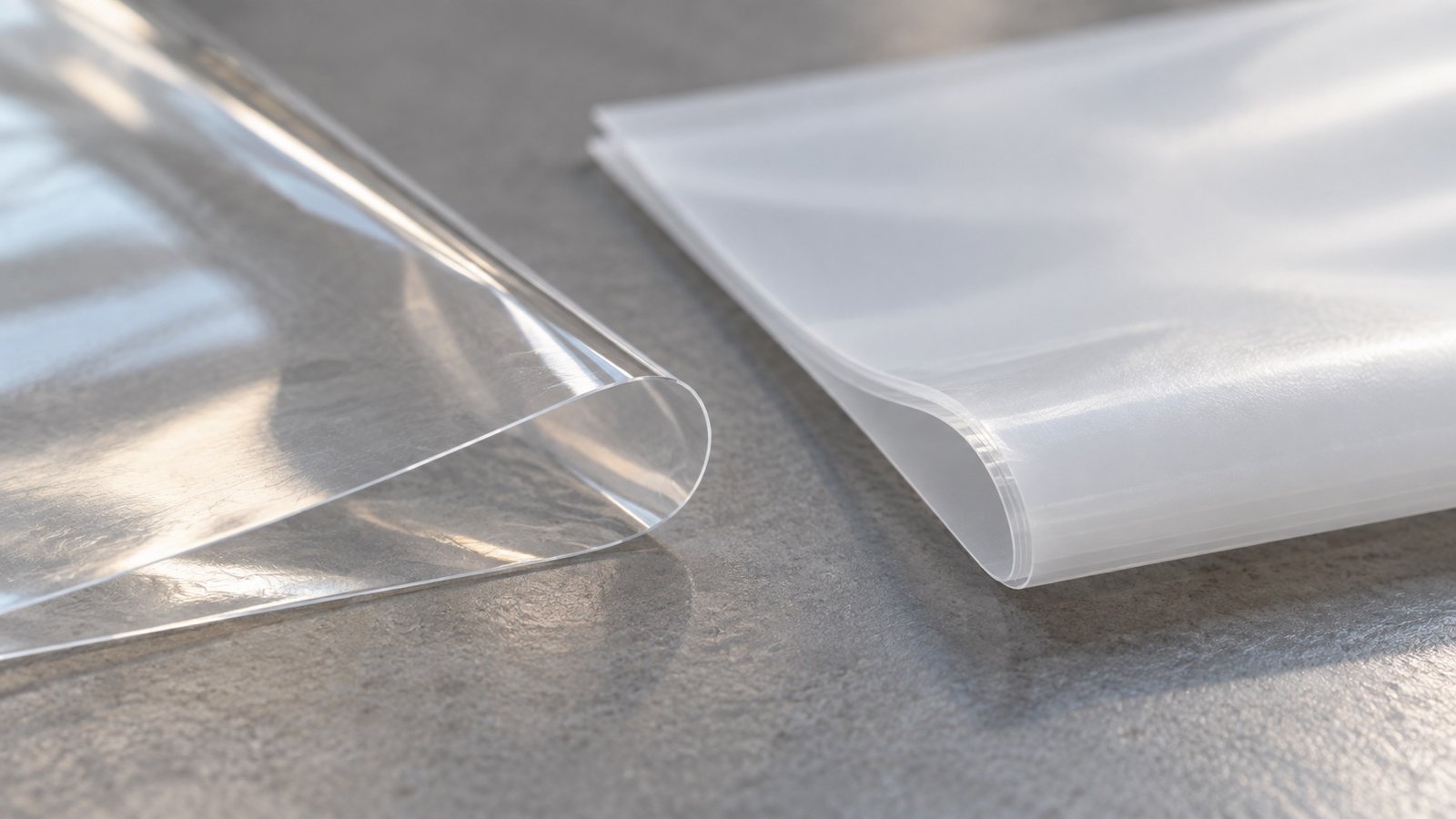 Transparent and milky flexible film swatches with curled edges