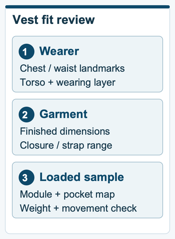 Stacked diagram of wearer measurements, vest dimensions, and loaded PCM module checks