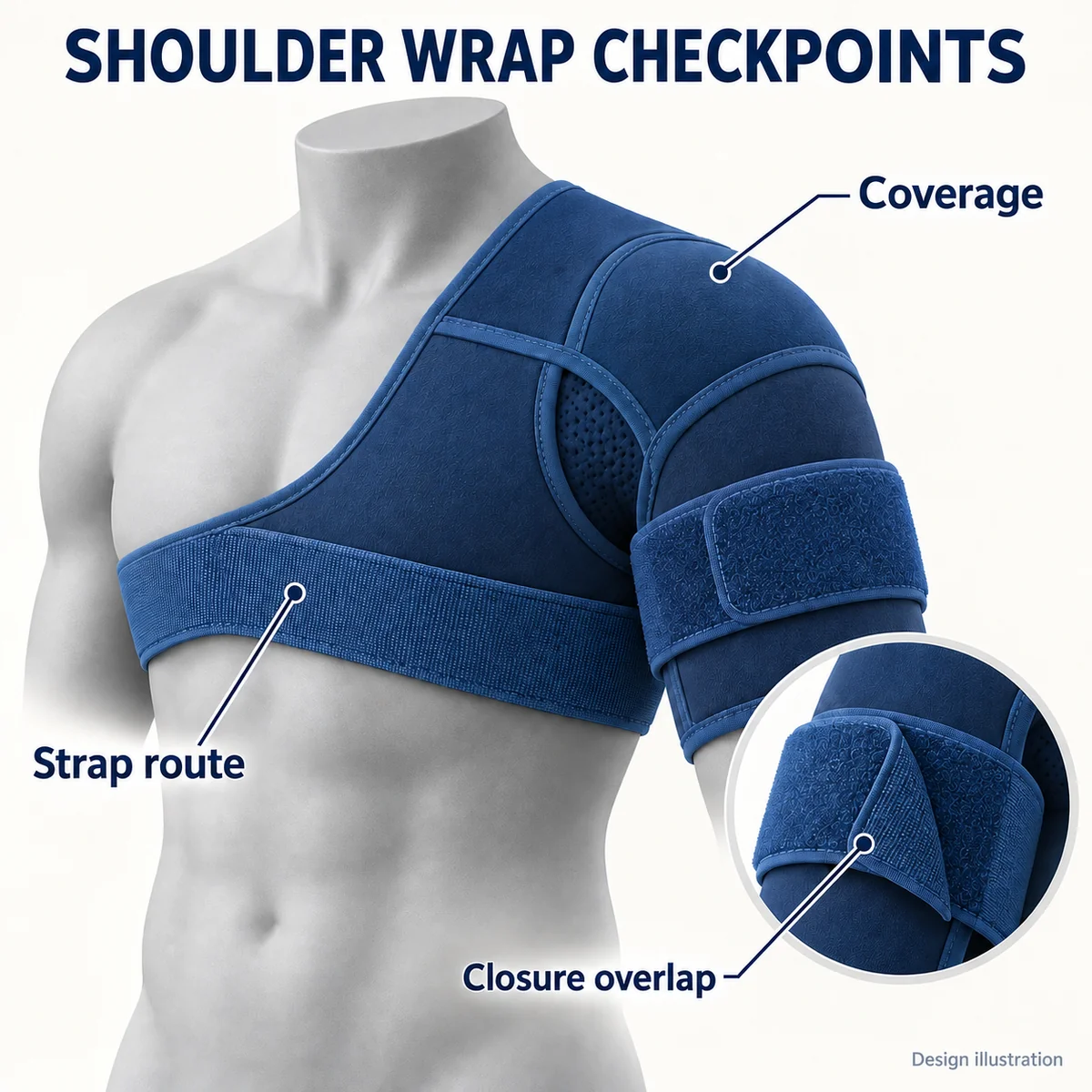 Shoulder-wrap design diagram showing coverage, torso strap routing, and closure overlap