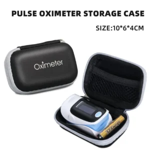 Compact black zip case shown closed and open with a pulse oximeter and batteries as fit references