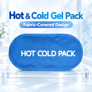 Blue capsule-shaped gel pack with a fabric-bound edge