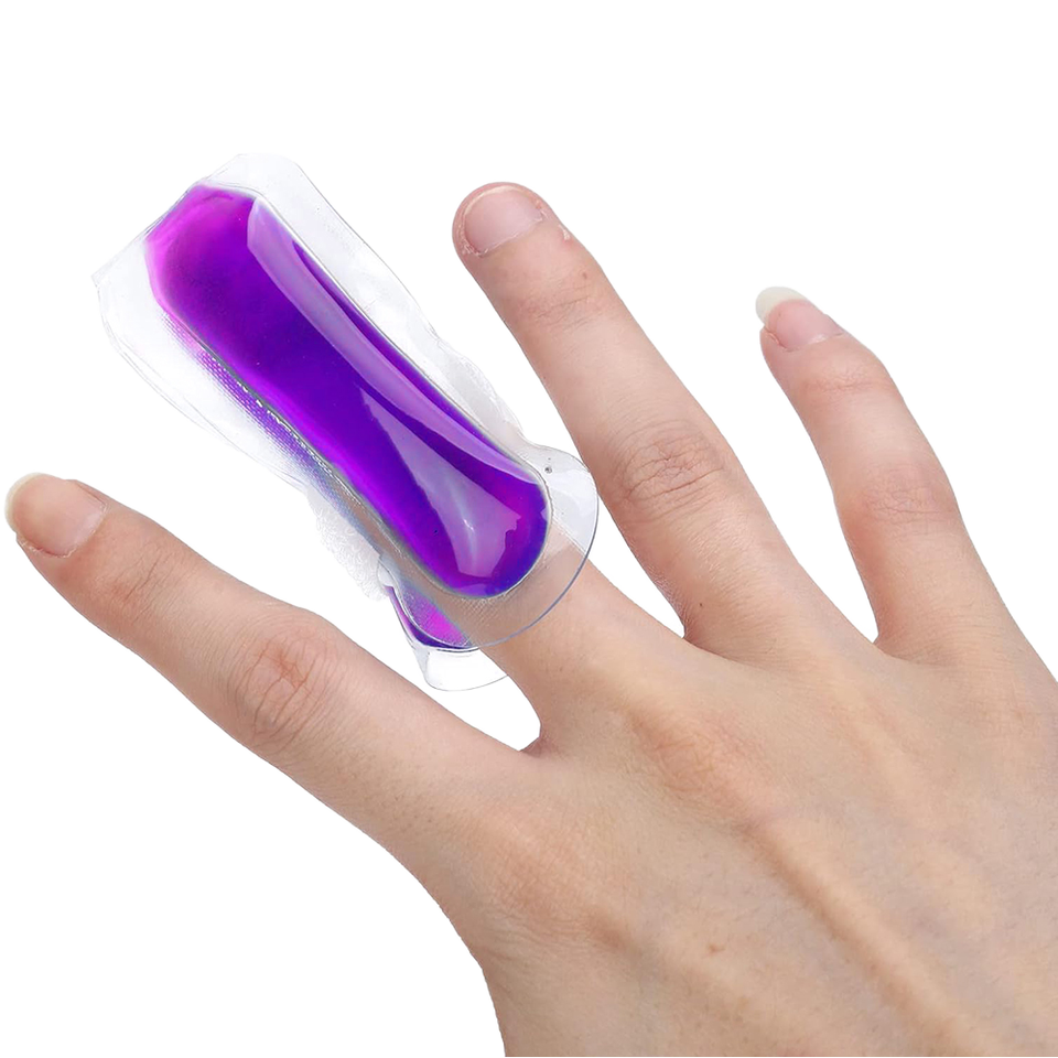 Small purple finger gel pouch positioned lengthwise with a white fastening strap
