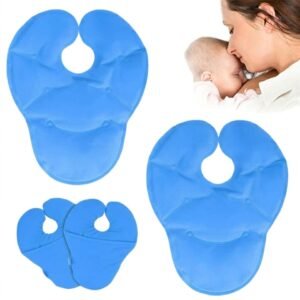 Blue extended-panel gel breast pads with keyhole openings shown in two orientations