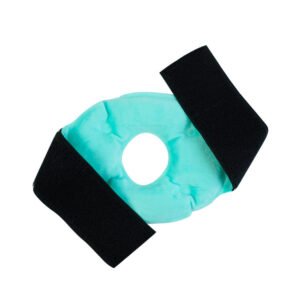 Turquoise compact knee wrap with central opening and broad black fastening band