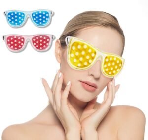 Eyeglass-shaped closed-eye gel masks with two rounded panels and a narrow bridge