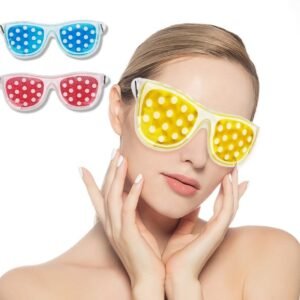 Eyeglass-shaped closed-eye gel masks with two rounded panels and a narrow bridge