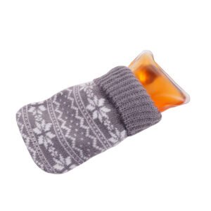 Orange click heat pack partly inserted in a gray patterned knit cover