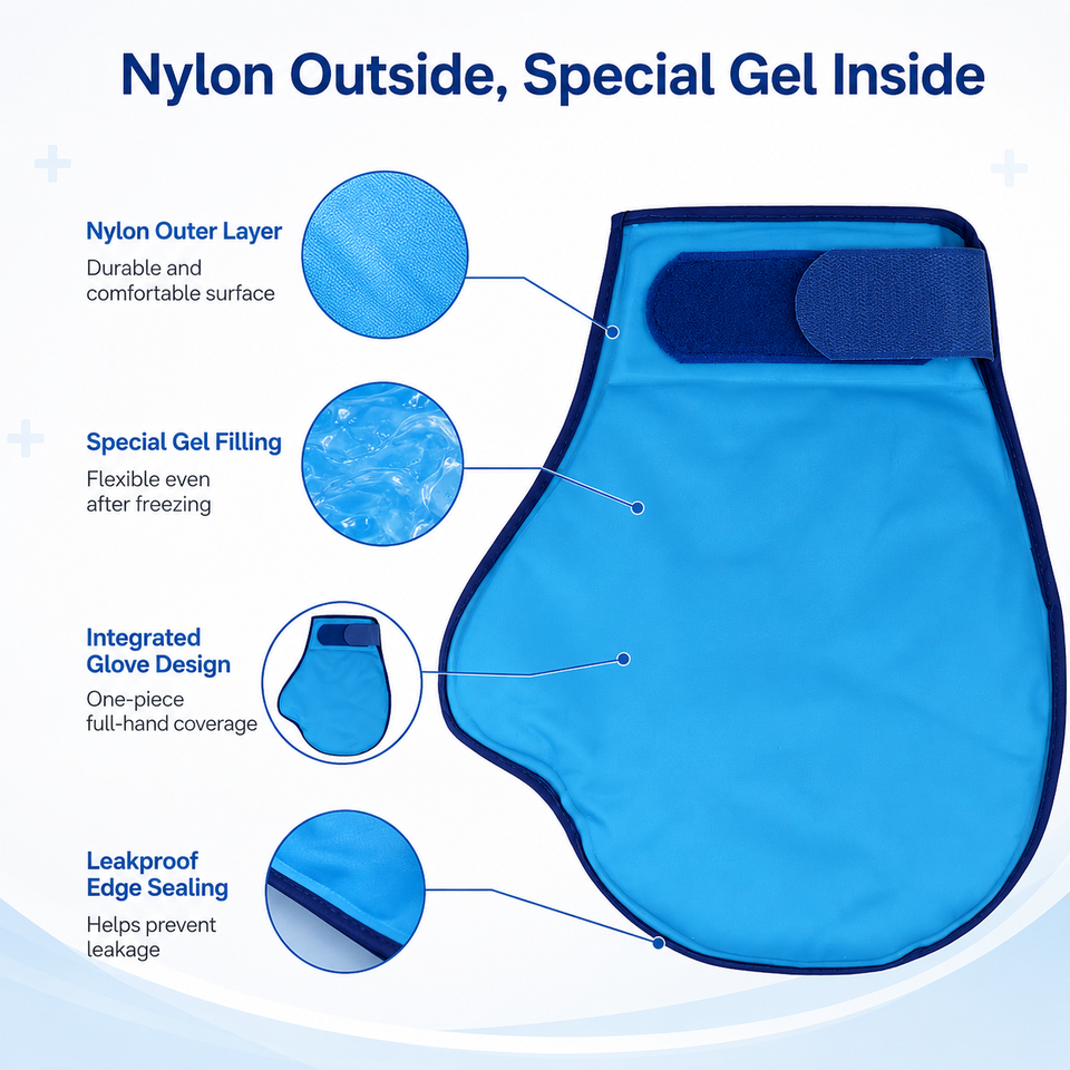 Blue gel mitten with close-ups of the nylon outer layer and hand pocket