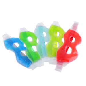 Open-eye gel masks in several colors with transparent fastening tabs