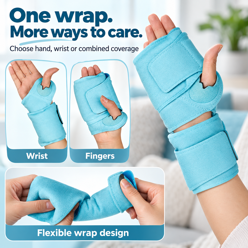 Turquoise segmented gel wrap showing hand and wrist coverage and fastening positions