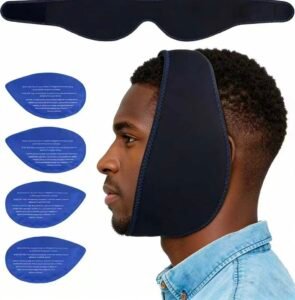 Black contoured jaw wrap shown flat and worn with four teardrop-shaped gel inserts