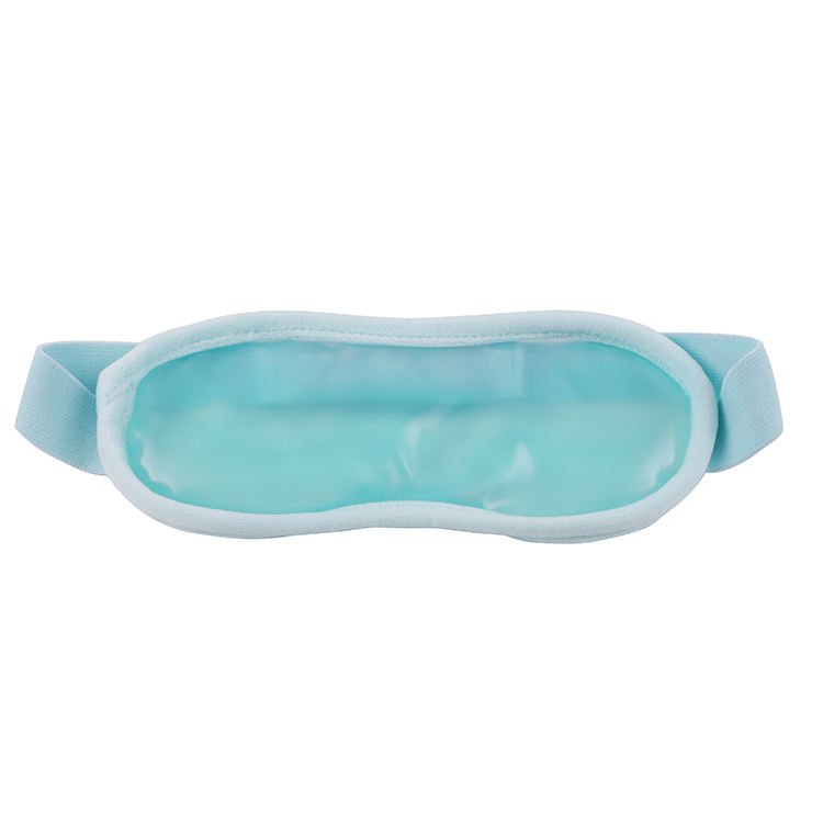 Light blue closed-eye gel mask with matching bound edge and strap
