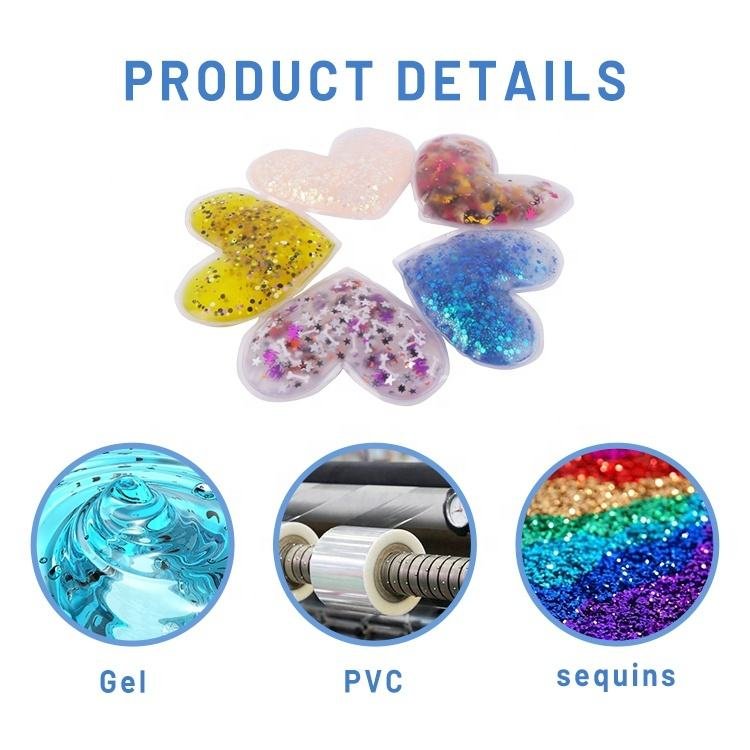 Heart-shaped sequin packs beside gel film and sequins illustrations