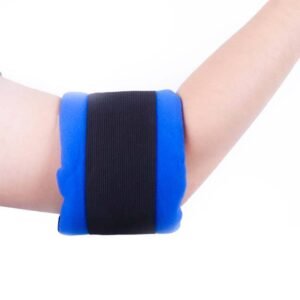 Compact blue gel pack retained around an elbow by a broad black fabric band