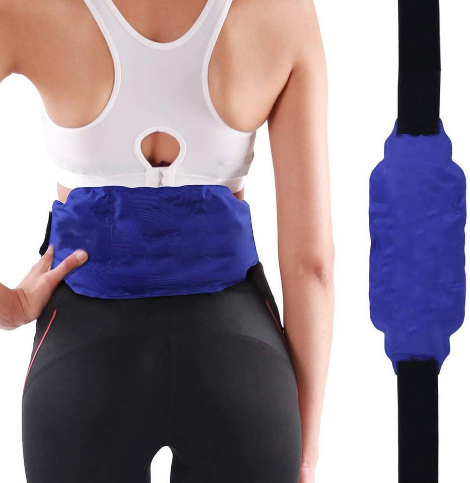 Blue contoured wrap positioned across the lower back beside a flat product view