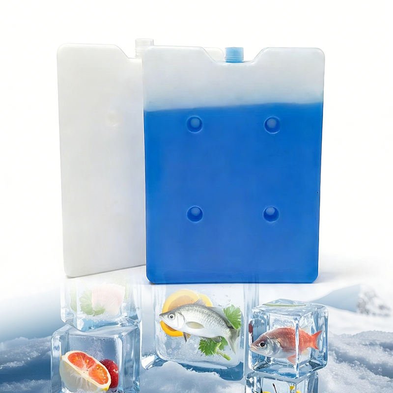 Blue and white flat hard-shell ice bricks with four round molded dimples