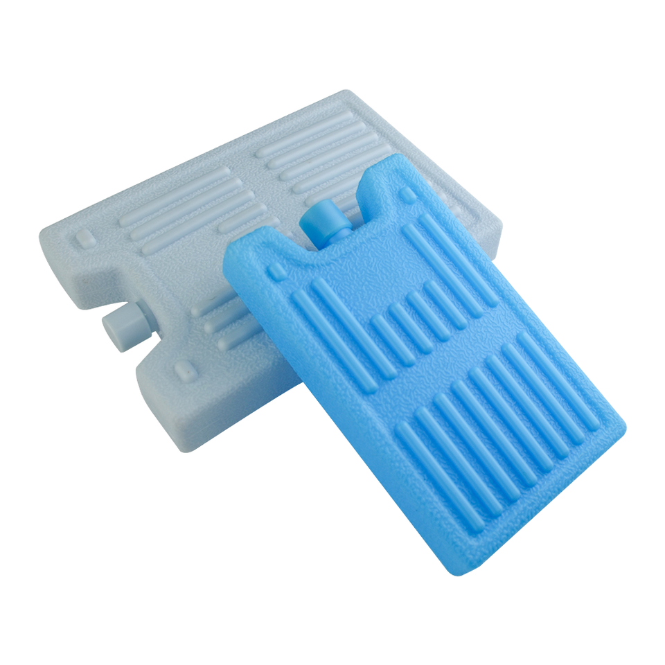 Blue and white ribbed hard-shell ice bricks with a notch at one edge