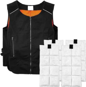 Black round-neck cooling vest with front zipper, vertical zipped pockets and white cooling inserts