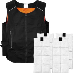 Black round-neck cooling vest with front zipper, vertical zipped pockets and white cooling inserts