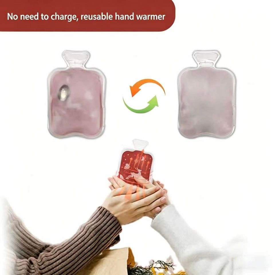 Bottle-outline heat pack shown from both sides and held in hands