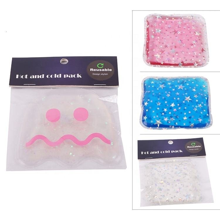 Square sequin gel packs with header-pouch packaging shown as alternatives