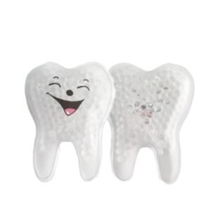 Clear tooth-shaped gel-bead packs with printed smiling faces