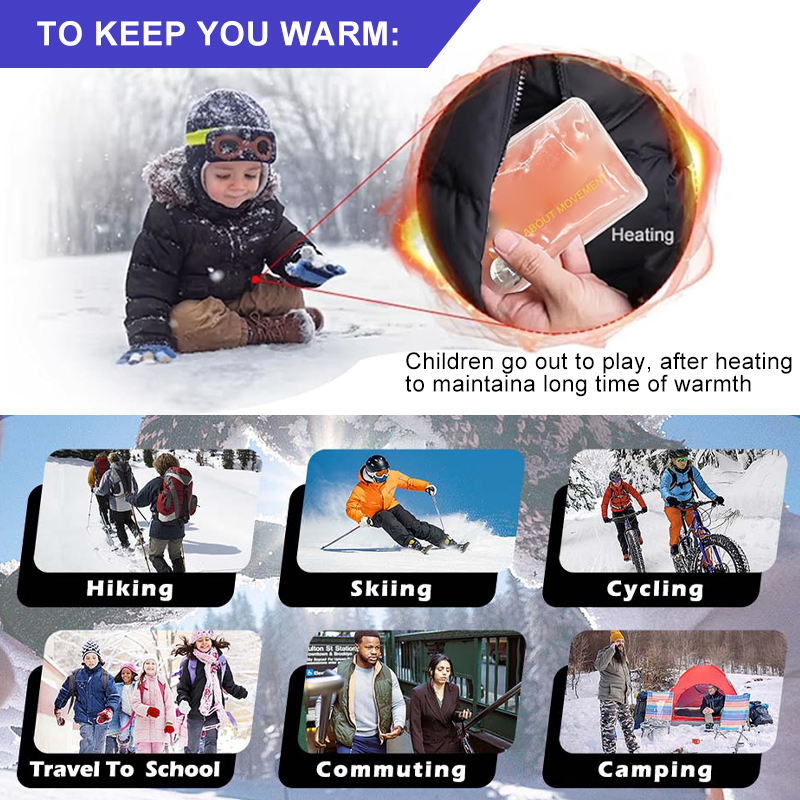 Supplier collage showing winter activities and a small heat pack