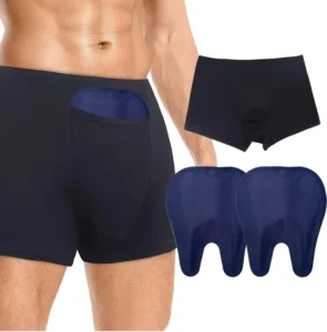 Black pocket underwear shown with two blue gel inserts with split rounded lower lobes