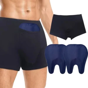 Black pocket underwear shown with two blue gel inserts with split rounded lower lobes