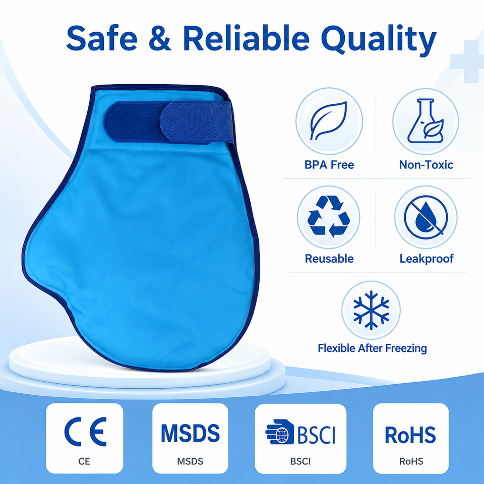 Blue gel mitten shown with a supplier quality infographic