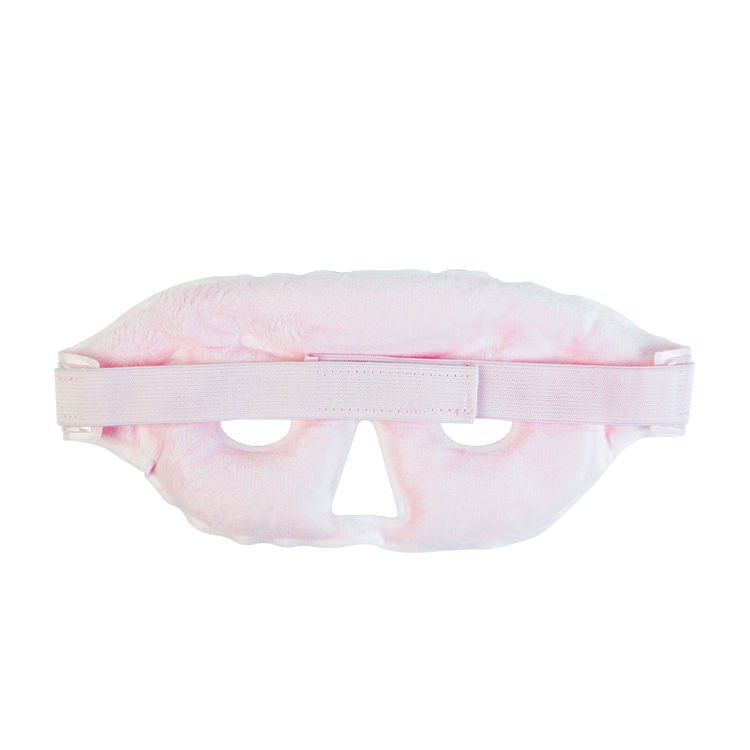 Pink fabric-backed eye mask showing an adjustable strap and three openings