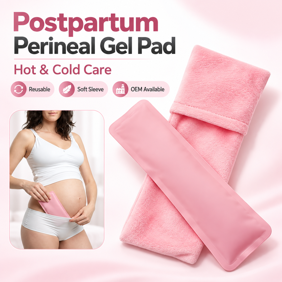 Catalog layout showing a long pink continuous-gel insert and its separate plush fabric sleeve