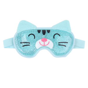 Turquoise gel-bead eye mask with a cat face and projecting ear outline