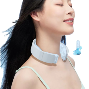 Broad white segmented PCM neck ring worn around the neck