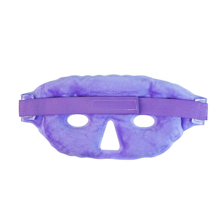 Purple fabric backing and fastening strap on an open-eye mask