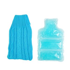Blue bottle-shaped gel-bead insert shown beside a blue cable-knit cover