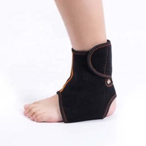 Black adjustable ankle wrap worn around the ankle and midfoot with an open heel