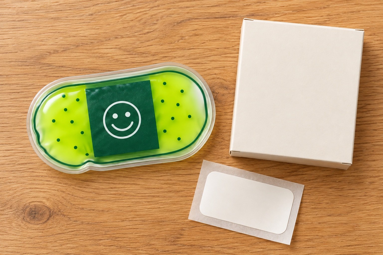 Lime-green oblong pouch with a white smile beside a plain carton and blank peel-off label