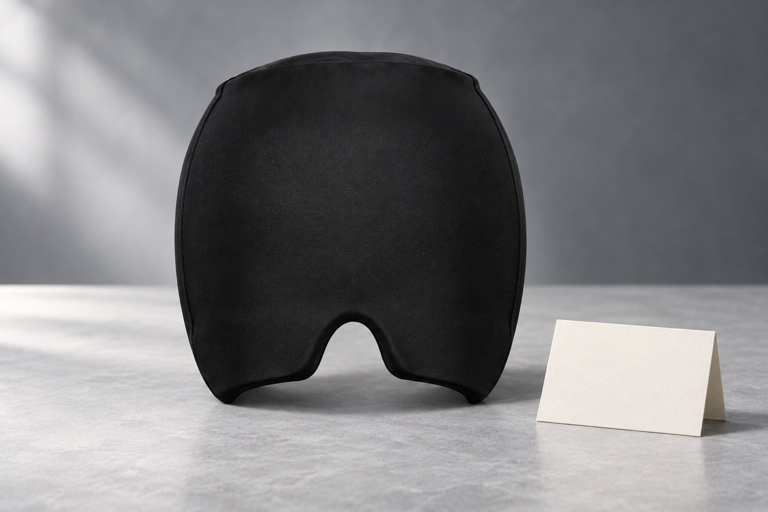 Black cooling cap with a contoured nose opening on a gray sample-review surface beside a blank card