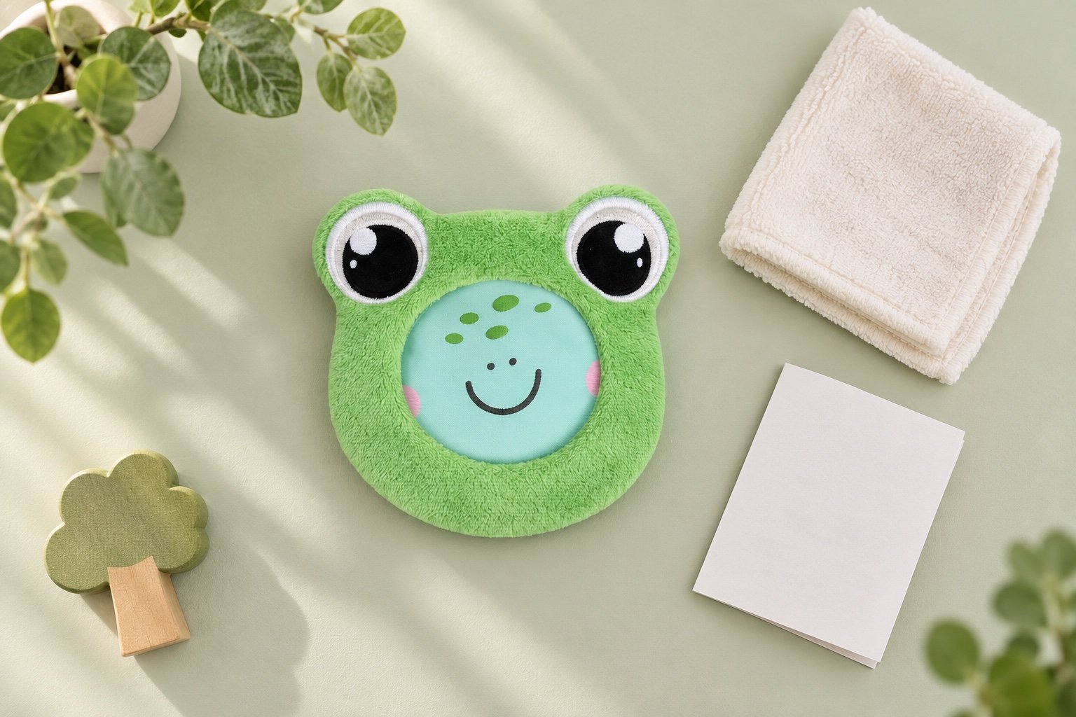 Small green frog-shaped plush cold-pack cover beside a folded cloth and blank care leaflet