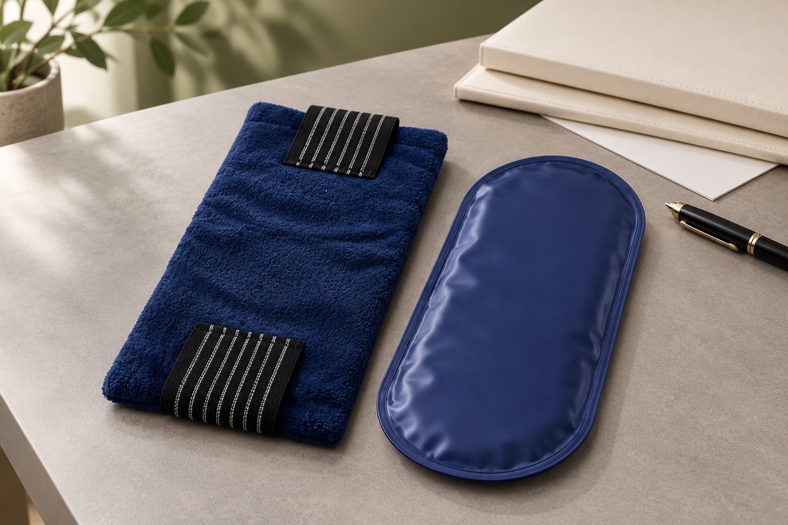 Navy oval gel pouch beside a matching plush cover with two striped fastening bands and closed document folders