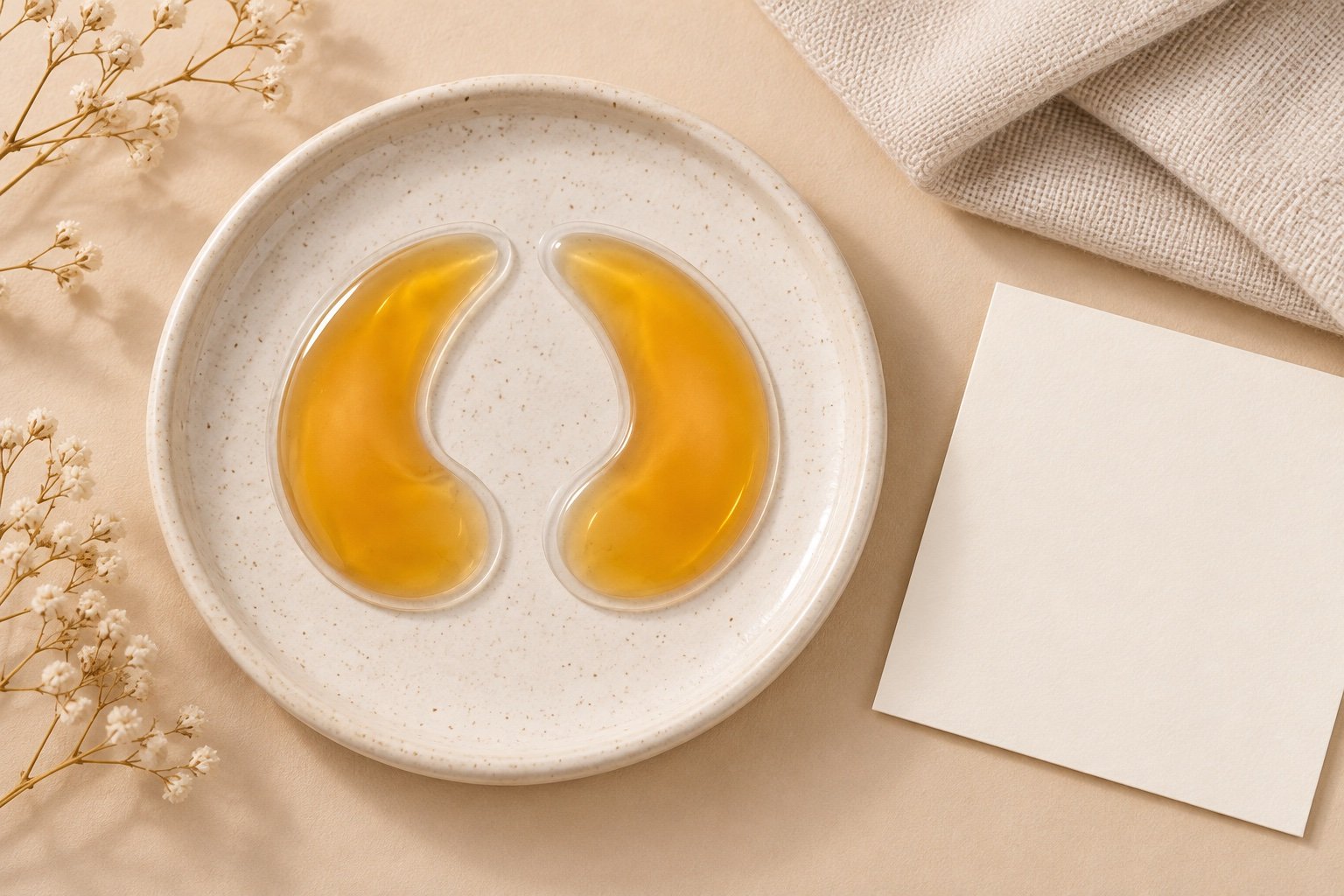 Two mirrored yellow comma-shaped gel under-eye pads on a small ceramic tray beside a blank card